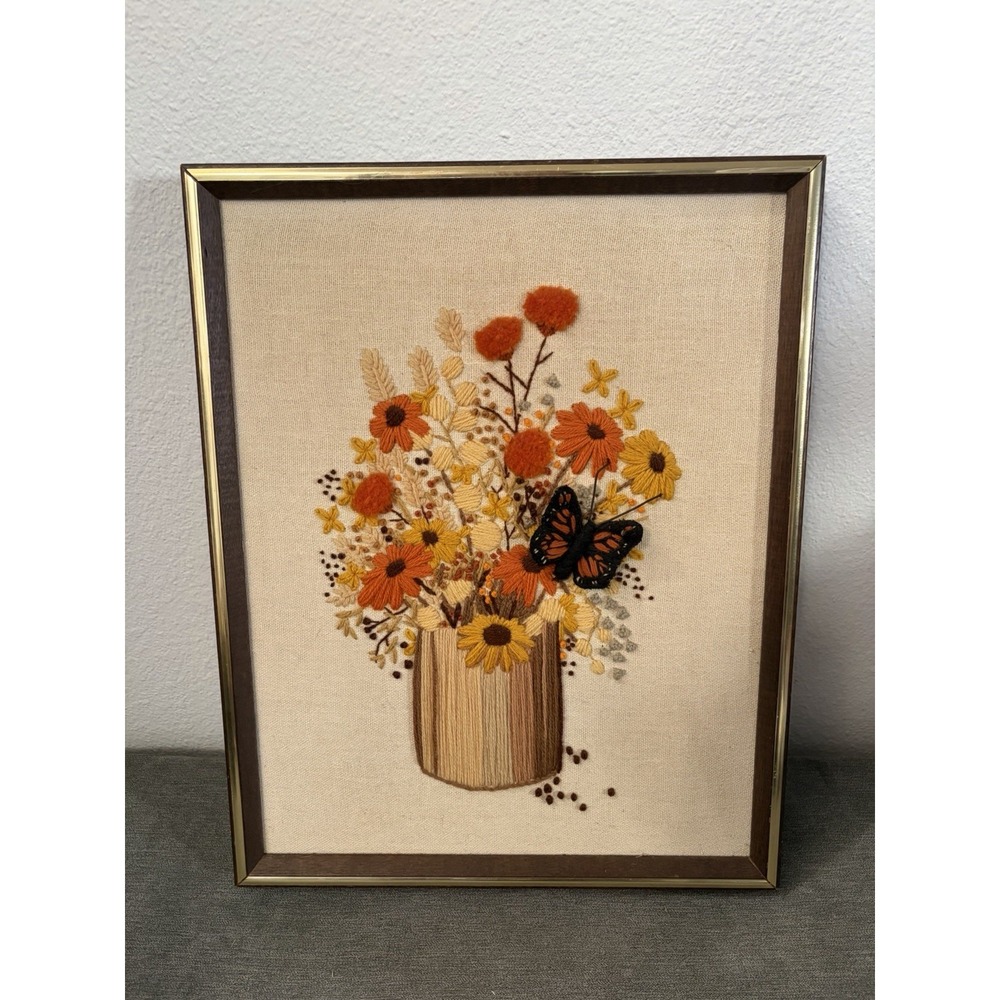 Vintage 3D Floral & Butterfly Crewel Needlepoint Wall Art Framed MCM **READ
